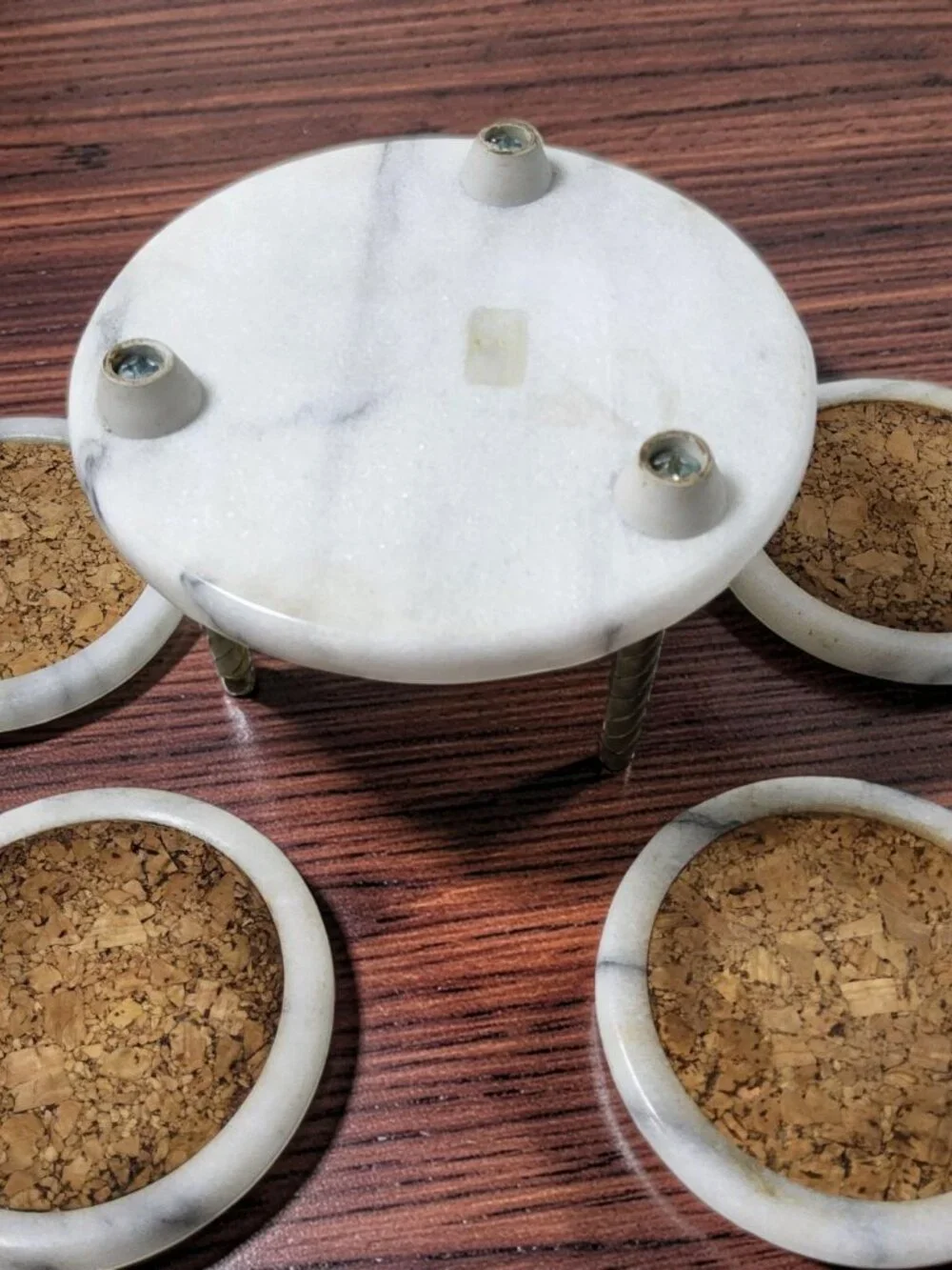Vintage Brass and White and Gray Marble Set of 5 Cork Coasters